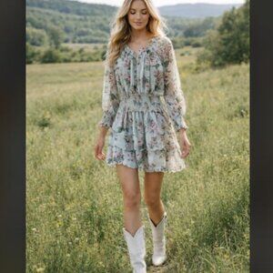 NWT MAGNOLIA Boho Floral Chiffon Tiered Mini Dress Smocked Waist Long Sleeve M